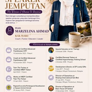 Promotional poster for a female speaker event, showing a smiling woman in a hijab beside a mug and notebook with the heading 'Profil Speaker Jemputan'. – Aafiya Life