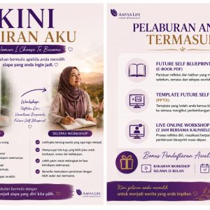 Left panel shows a woman in hijab at a cafe, right panel lists 'Future Self Blueprint' topics and bonuses for a women's empowerment workshop.