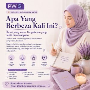 Image 6 – Aafiya Life Promotional PW5 alumni program poster with a woman in a lilac hijab, notebook, and lavender decor; Indonesian text about a calming reset guidance. – Aafiya Life