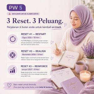 MR Image 4 – Aafiya Life Infographic about PW5: 3 Reset, 3 Peluang for alumni with dates Aug 2026, Nov 2026 and Jan 2027; lavender theme with woman in hijab on the right. – Aafiya Life