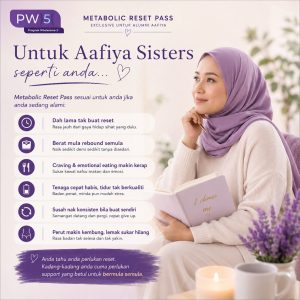 MR image 3 – Aafiya Life Poster promoting Metabolic Reset Pass for Aafiya Sisters, showing a woman in a lavender hijab reading a notebook in soft purple tones. – Aafiya Life