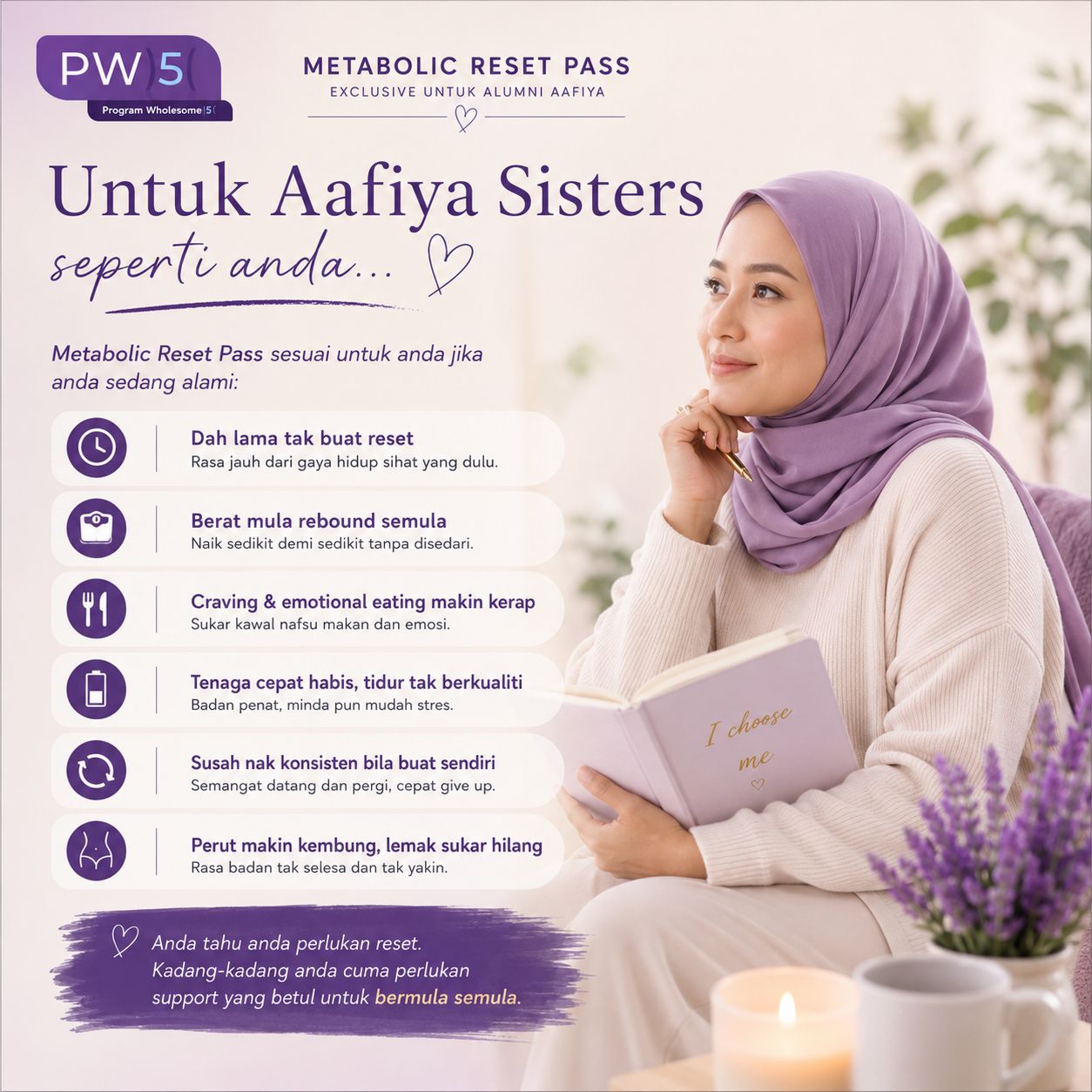 MR image 3 – Aafiya Life Poster promoting Metabolic Reset Pass for Aafiya Sisters, showing a woman in a lavender hijab reading a notebook in soft purple tones. – Aafiya Life