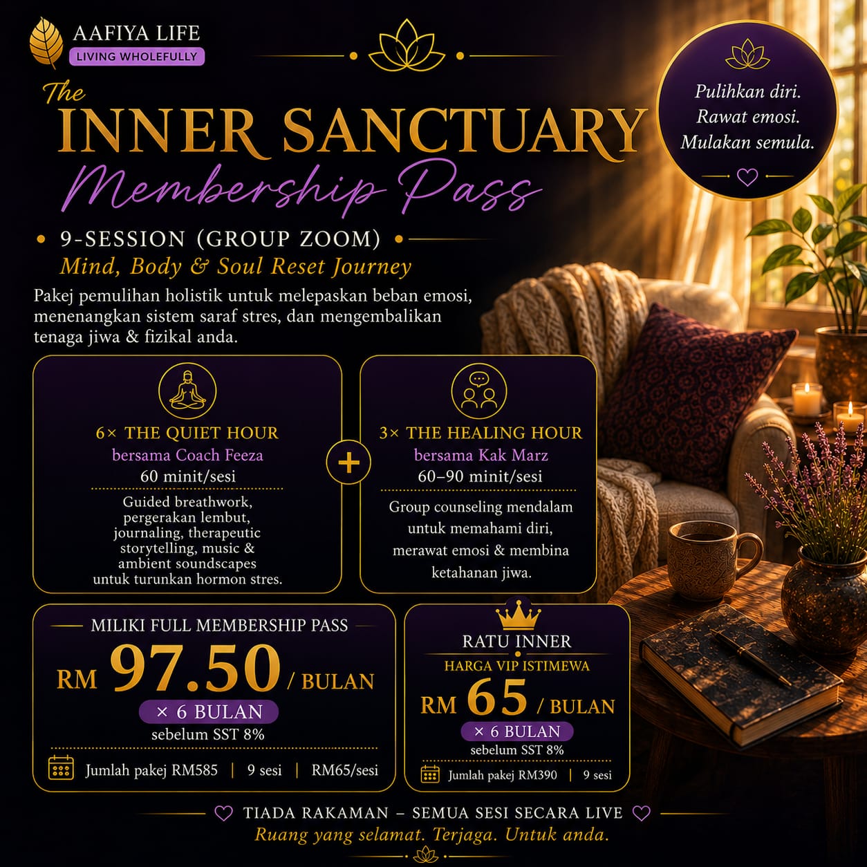 The Inner Sanctuary Membership Pass 1 – Aafiya Life Promotional poster for The Inner Sanctuary Membership Pass with pricing and session details in gold and purple tones. – Aafiya Life