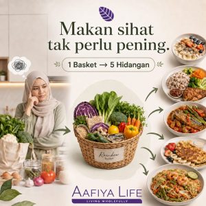 Woman in a hijab contemplates healthy eating beside a basket of fresh vegetables and several plated meals to the right, illustrating the concept of 1 basket for 5 dishes.