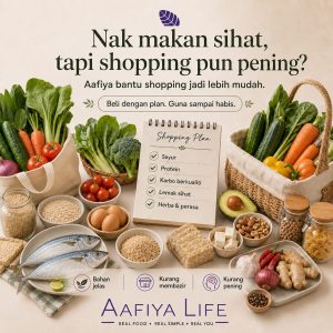 Advertisement for Aafiya Life promoting healthy eating with fresh vegetables, grains, and a 'Shopping Plan' checklist. – Aafiya Life