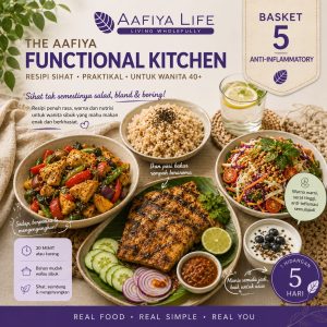 Cover for Aafiya Life Functional Kitchen showing four bowls of colorful healthy dishes, logo, and a 5-day anti-inflammatory badge in the corner. – Aafiya Life