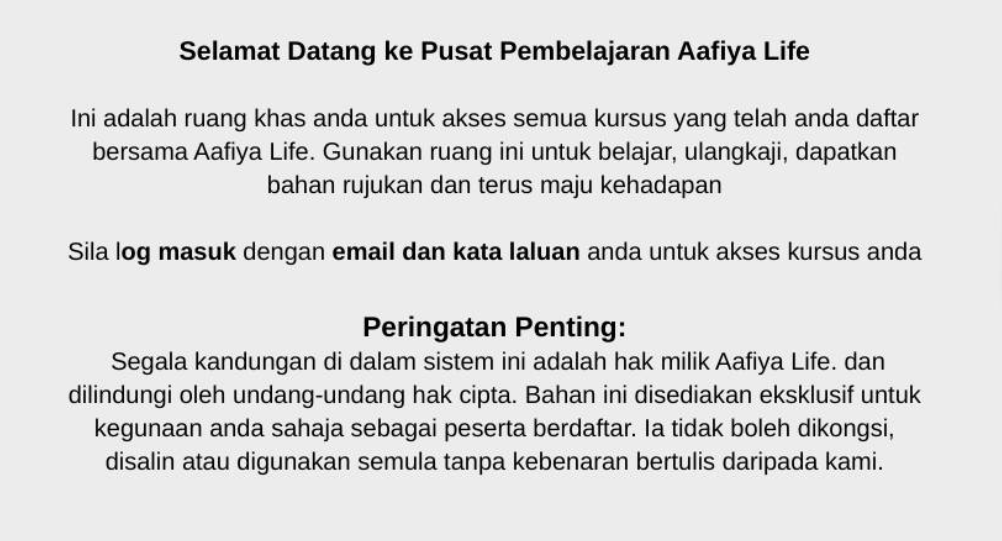 Sambutan halaman Pusat Pembelajaran Aafiya Life dengan instruksi akses kursus, login, dan peringatan hak cipta. – Aafiya Life – Aafiya Life